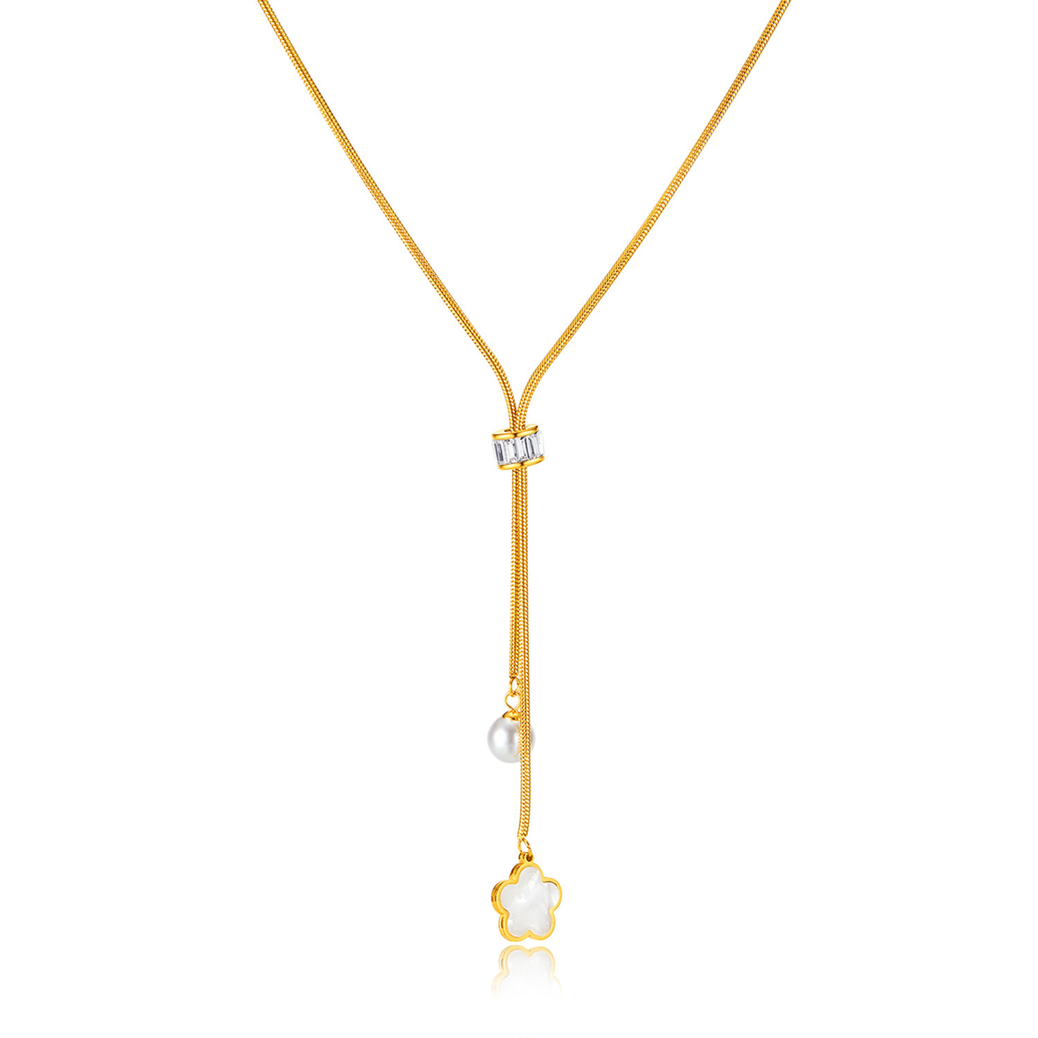 Gold Plated Adjustable Flower Pendant Necklace Pearl Charm