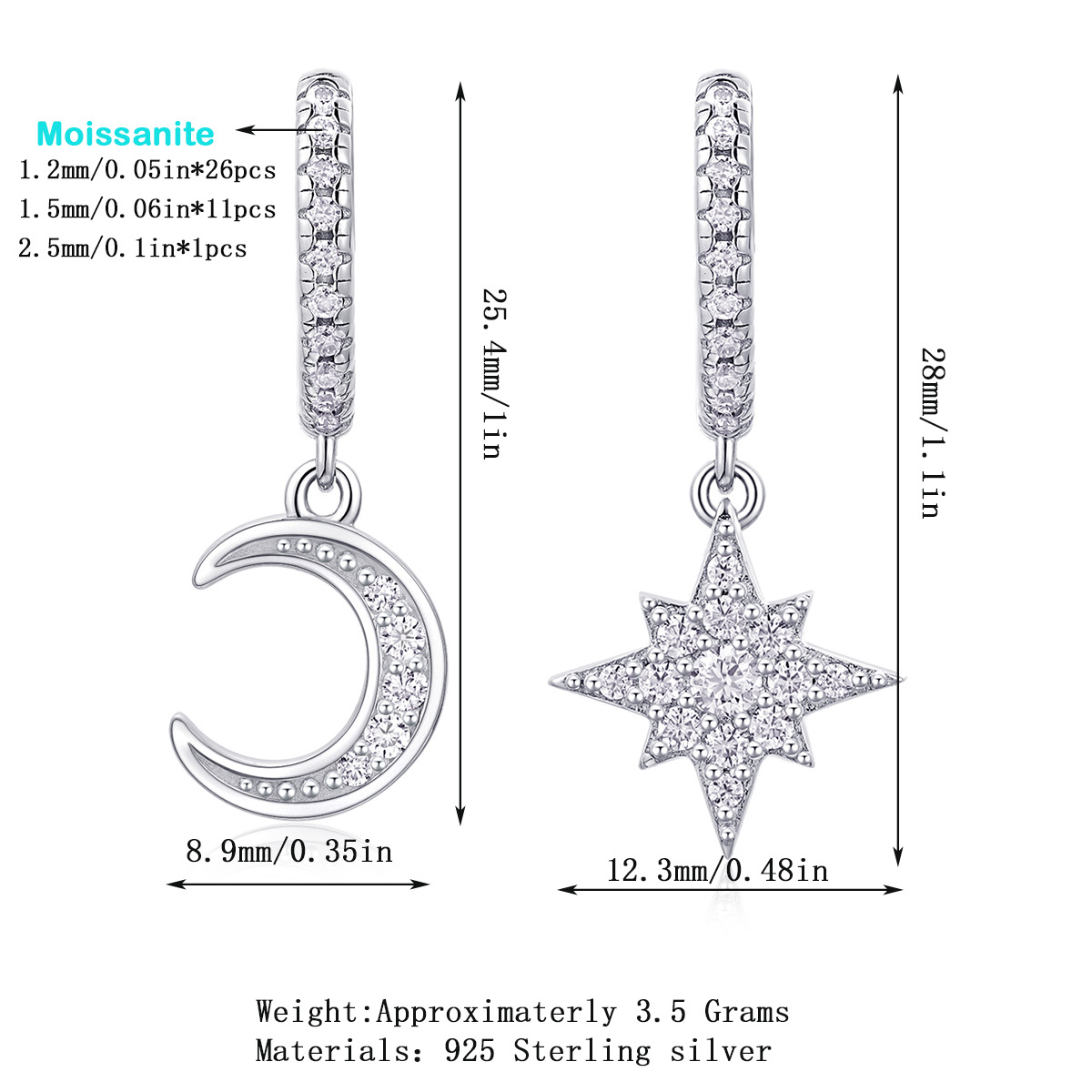 Crescent Moon and Star Mismatched Silver Drop Earrings
