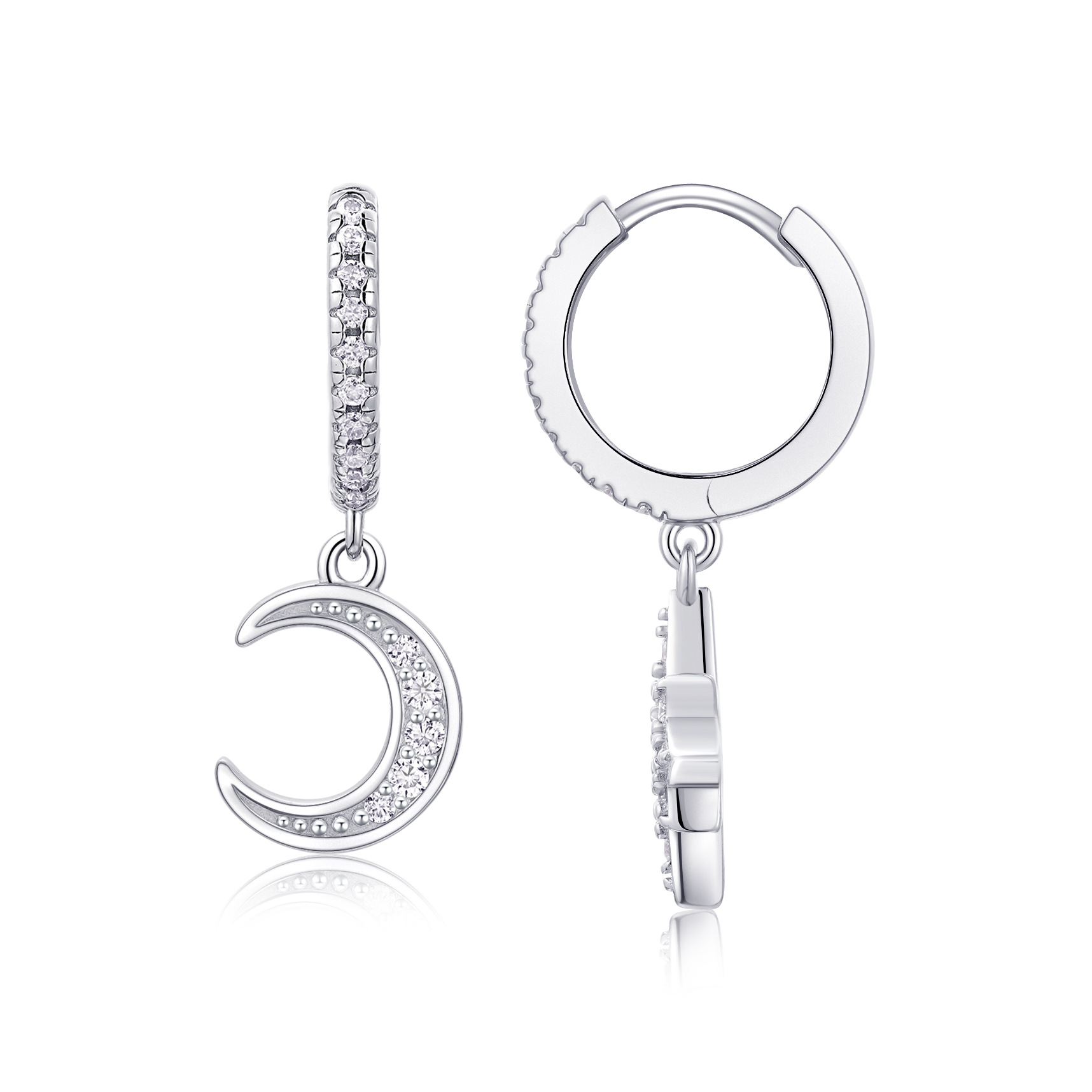Crescent Moon and Star Mismatched Silver Drop Earrings