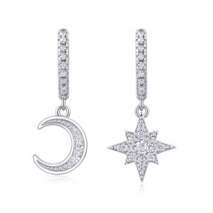 Crescent Moon and Star Mismatched Silver Drop Earrings