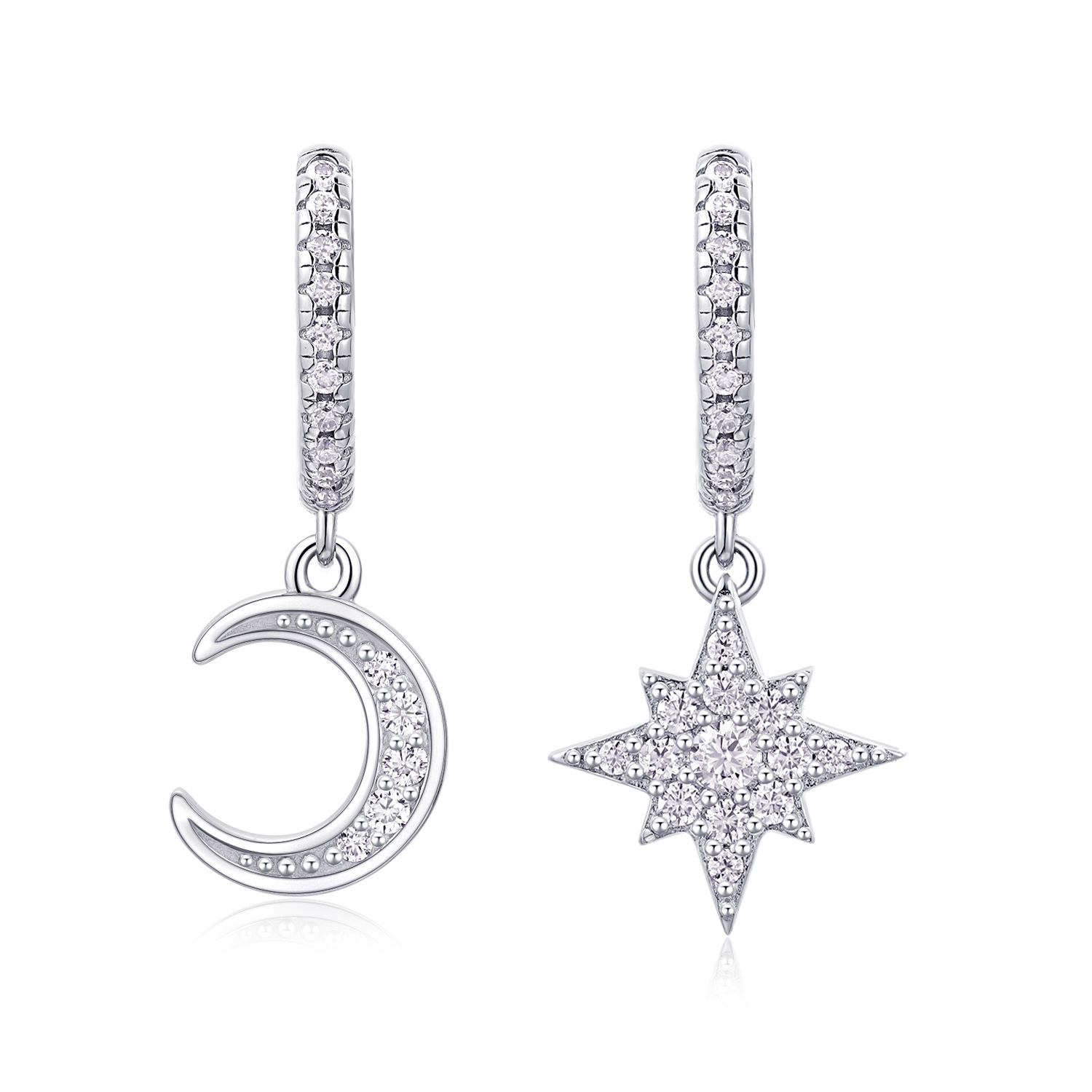 Crescent Moon and Star Mismatched Silver Drop Earrings