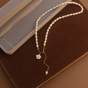 Freshwater Pearl Necklace with Camellia Flower Pendant and Tassel